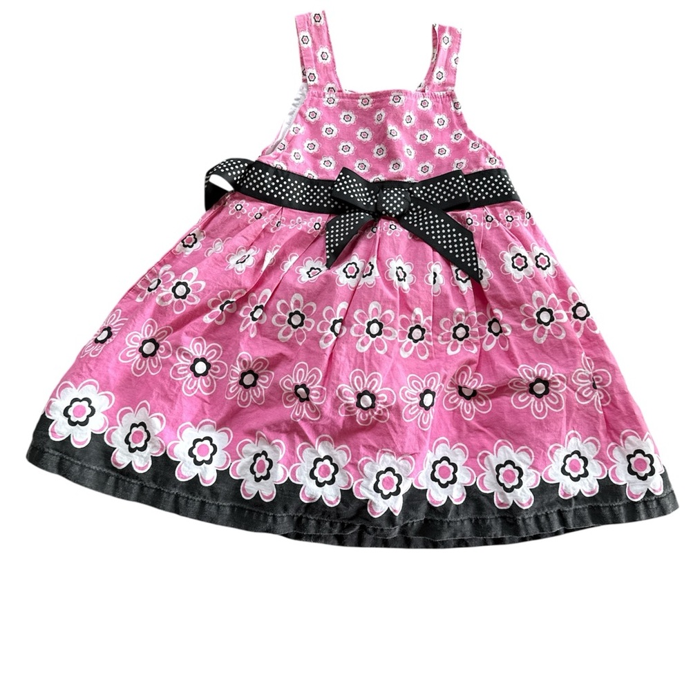 Nannette Toddler Girl Pink Floral Sleeveless Dress with Polka Dot Bow – Size 2